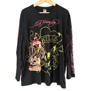 Ed Hardy Y2K Long Sleeve Graphic Tee Black Neon XXXL Christian Audigier